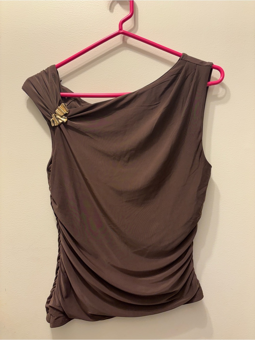 Moa Moa Chocolate Brown One-Shoulder Top with Gold Accent